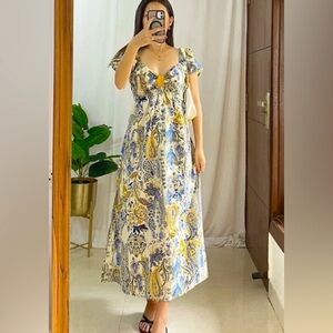 Band Of The Free Gold & Blue Puff Sleeve Boho Maxi Dress
